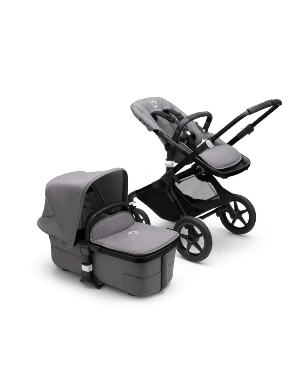 Bugaboo Trio E Duo-Fox 3 Navicella E Passeggino Telaio Nerotessuti E Cappottina Grey Melange