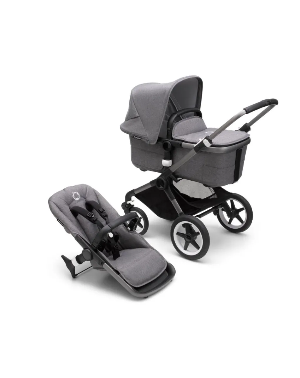 Bugaboo Trio E Duo-Fox 3 Navicella E Passeggino Telaio Graphitetessuti E Cappottina Grey Melange