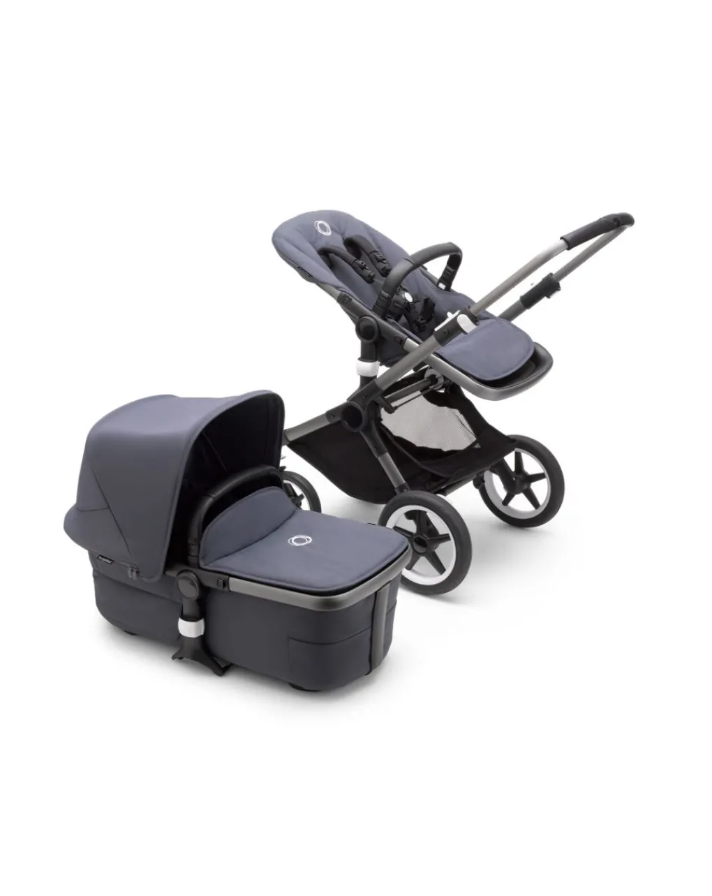 Bugaboo Trio E Duo-Fox 3 Navicella E Passeggino Telaio Graphitetessuti E Cappottina Stormy Blue