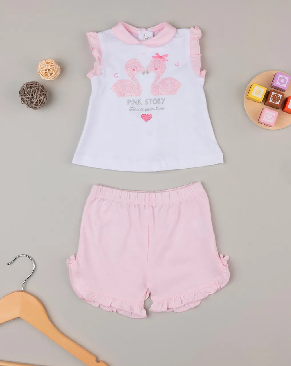 Prenatal Vestiti E Completi-Completo Corto Bianco E Rosa Con Fenicotteri Glitter