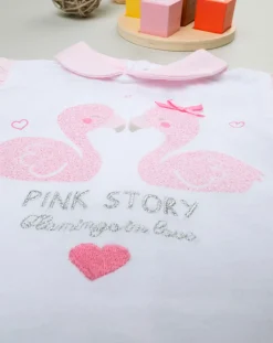 Prenatal Vestiti E Completi-Completo Corto Bianco E Rosa Con Fenicotteri Glitter