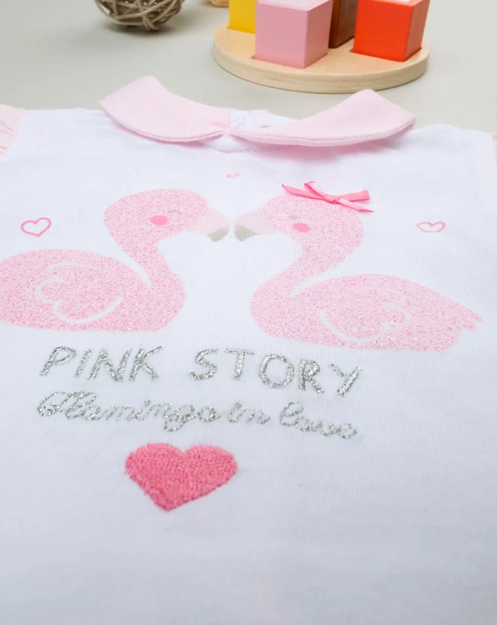 Prenatal Vestiti E Completi-Completo Corto Bianco E Rosa Con Fenicotteri Glitter