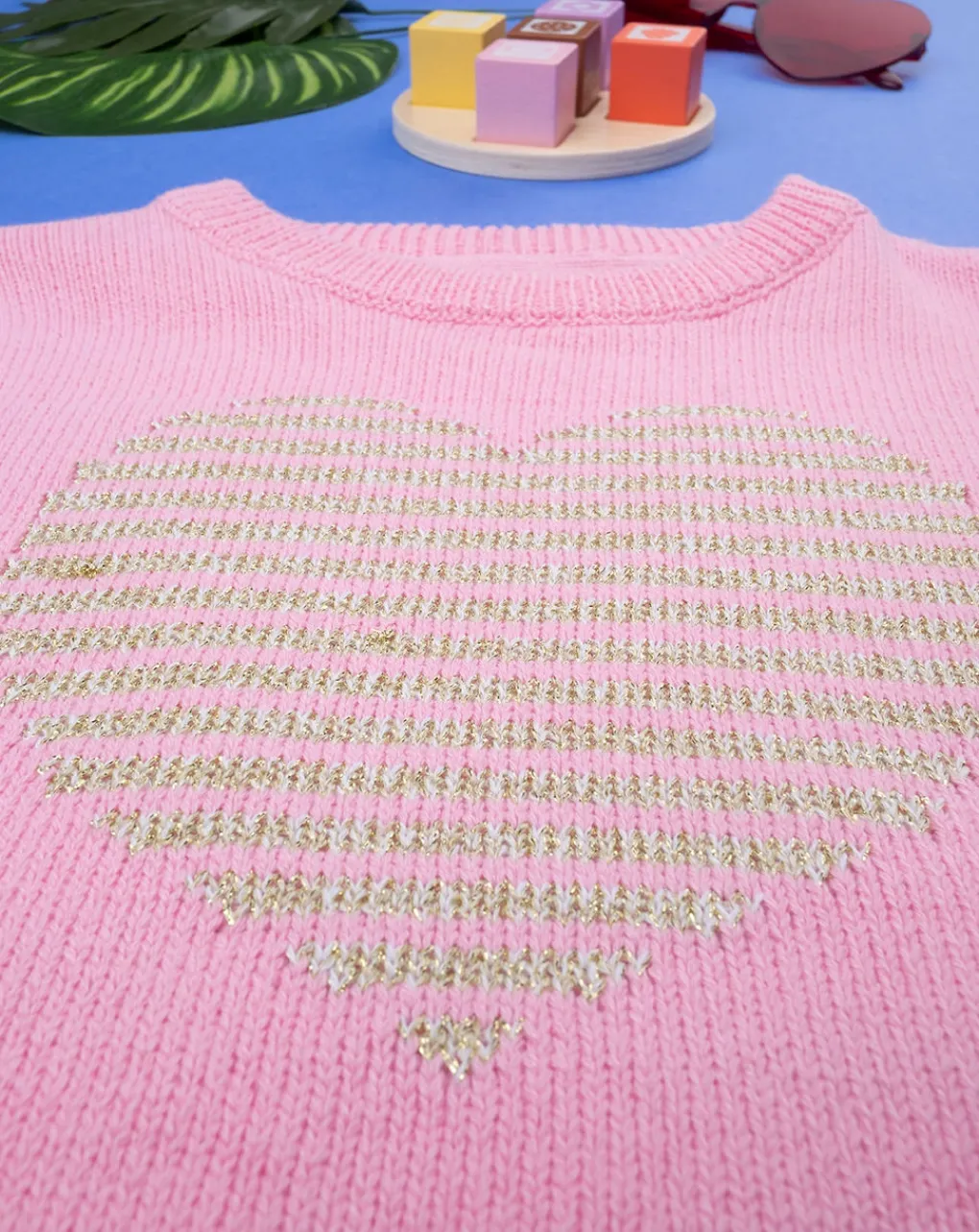 Prenatal Felpe E Maglioni-Maglia Tricot Bimba Rosa "Cuore Dorato”