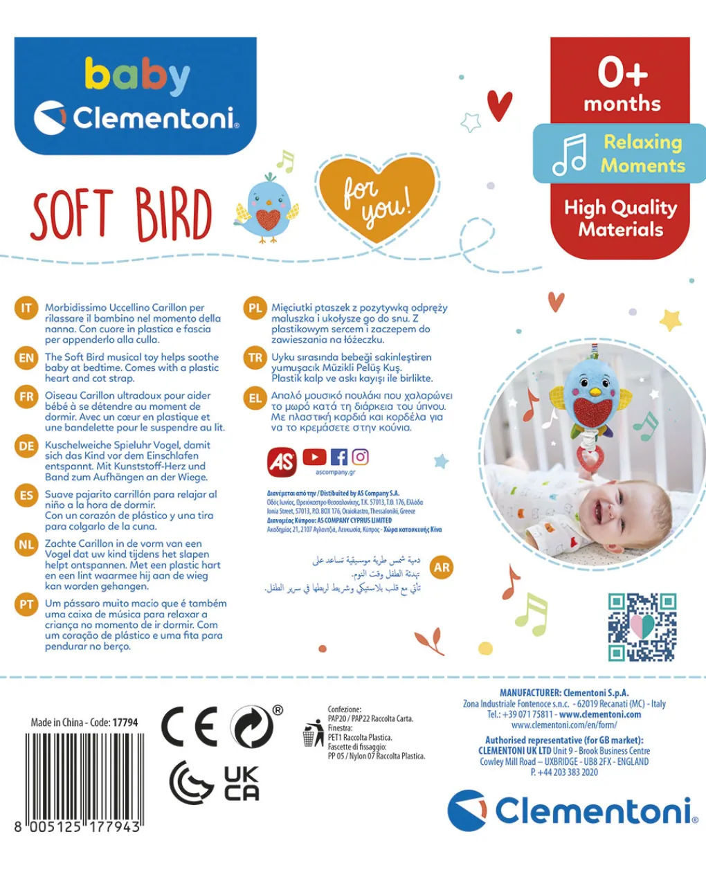 Baby Clementoni Pupazzi Peluche E Dou Dou-Morbido Carillon Bird Musical - For You