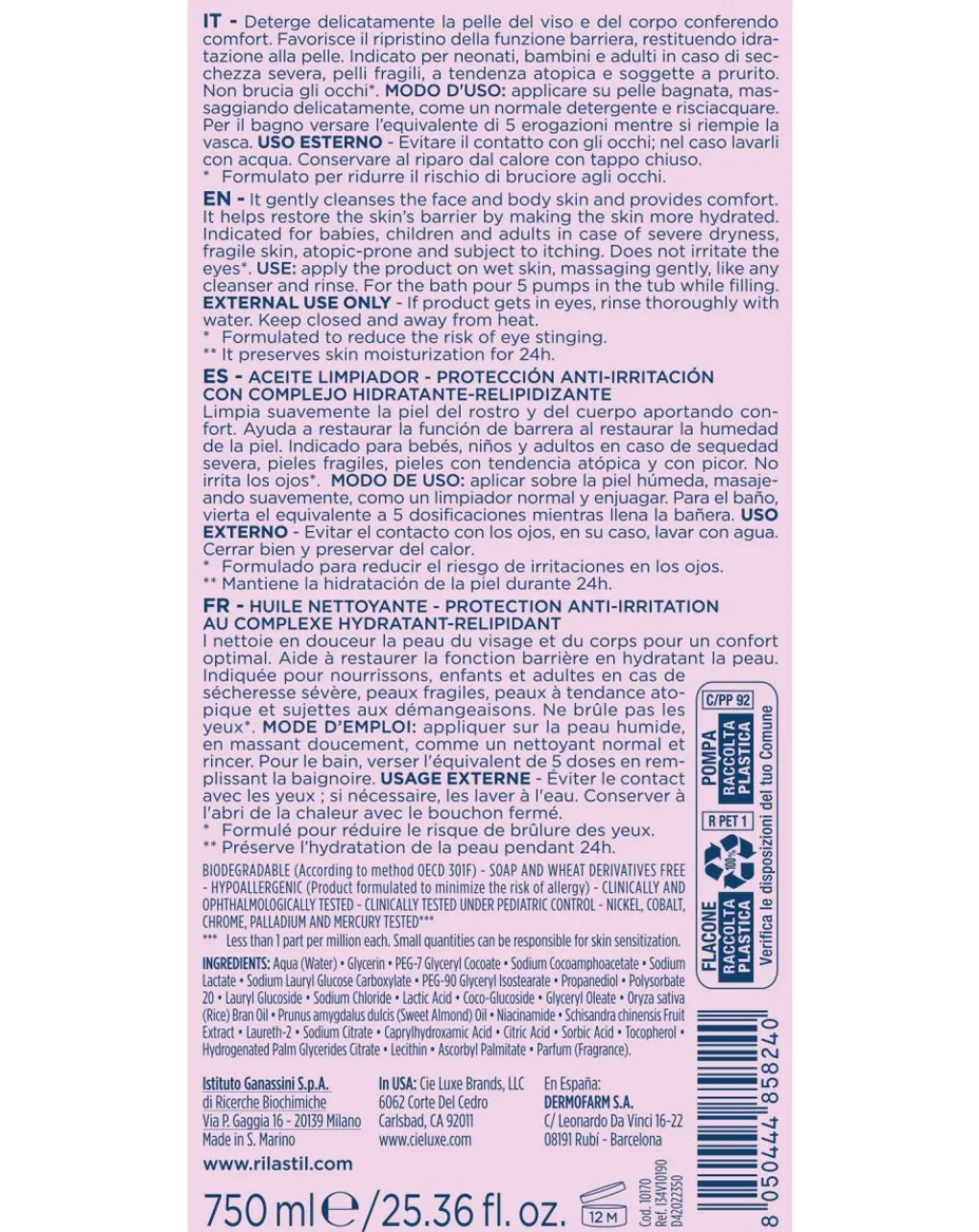 Rilastil Creme Olii E Burrocacao-Olio Detergente Xerolact 750 Ml -
