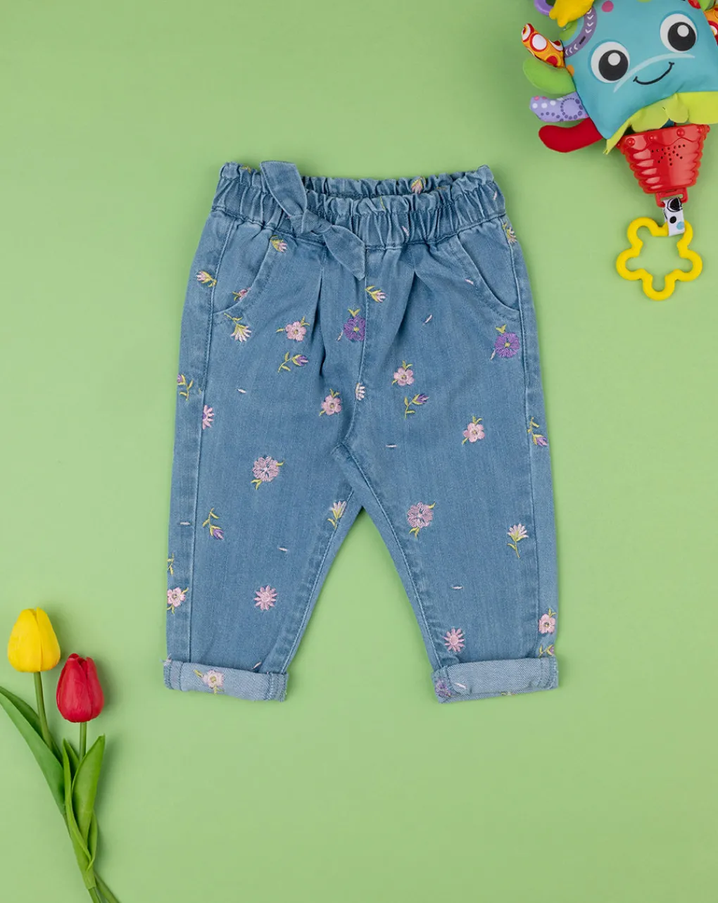 Prenatal Jeans Pantaloni E Salopette-Pantalone Denim Bimba "Fiorellini”