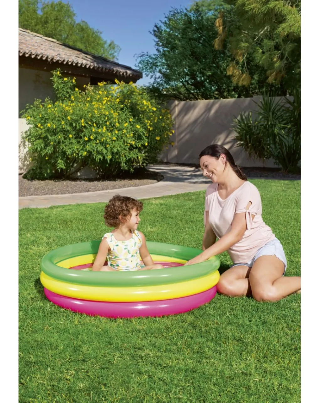 Bestway Piscine Braccioli E Salvagenti-Piscina Summer 3 Anelli Color Con Fondo Gonfiabile 102X25 Cm -