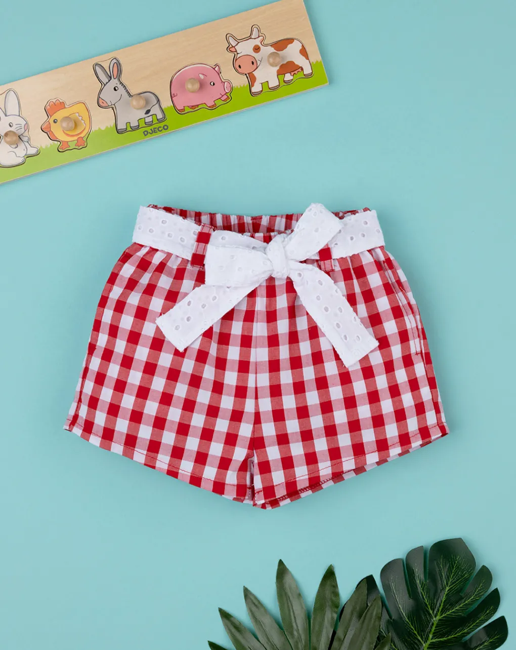 Prenatal Jeans Pantaloni E Salopette-Short Vichy Bimba Bianco/Rosso