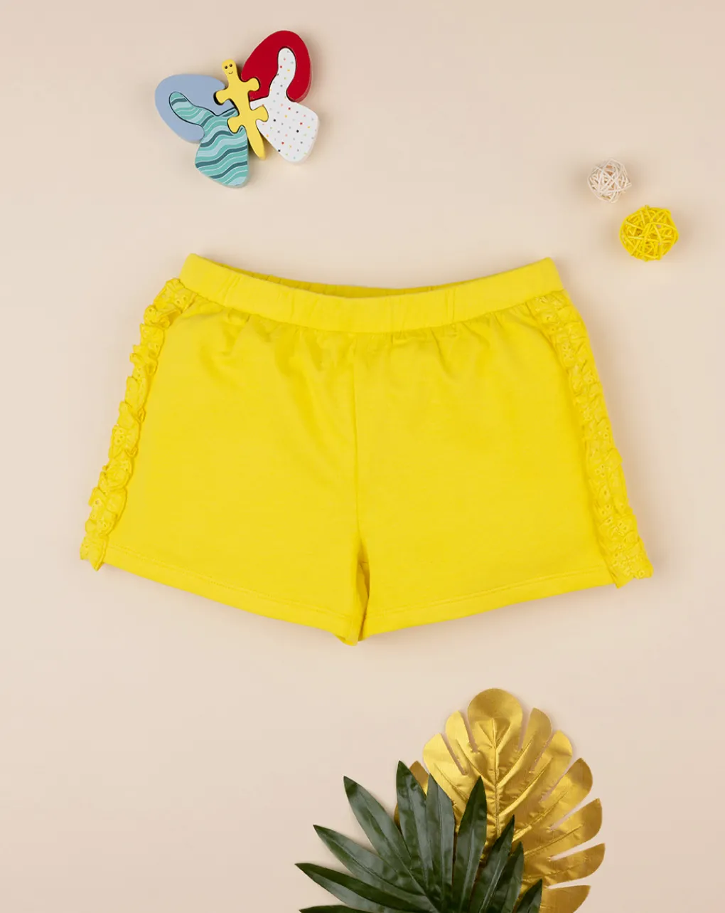Prenatal Jeans Pantaloni E Salopette-Shorts Gialli Da Bambina In French Terry E Sangallo